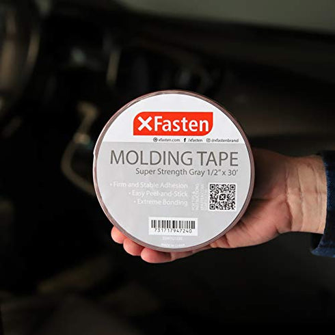 XFasten Super Strength Automotive Molding Tape, Gray, 1/2-Inch x 30-Foot, Double Sided Exterior Mounting Tape for Auto Body Molding, Trim, Side Mirror, Emblem, Nameplate and Outdoor Applications